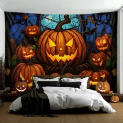 Halloween Decorations Hanging Tapestry Stained Glass Pumpkin Bat Wall Art Large Tapestry Mural Decor Photograph Backdrop Blanket Curtain Home Bedroom Living Room