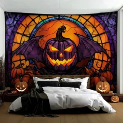 Halloween Decorations Hanging Tapestry Stained Glass Pumpkin Bat Wall Art Large Tapestry Mural Decor Photograph Backdrop Blanket Curtain Home Bedroom Living Room
