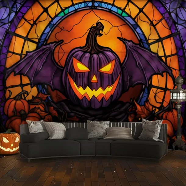 Halloween Decorations Hanging Tapestry Stained Glass Pumpkin Bat Wall Art Large Tapestry Mural Decor Photograph Backdrop Blanket Curtain Home Bedroom Living Room