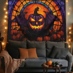 Halloween Decorations Hanging Tapestry Stained Glass Pumpkin Bat Wall Art Large Tapestry Mural Decor Photograph Backdrop Blanket Curtain Home Bedroom Living Room