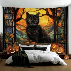 Halloween Decorations Hanging Tapestry Stained Glass Pumpkin Bat Wall Art Large Tapestry Mural Decor Photograph Backdrop Blanket Curtain Home Bedroom Living Room