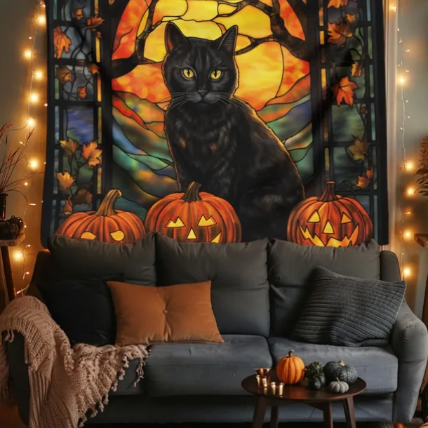 Halloween Decorations Hanging Tapestry Stained Glass Pumpkin Bat Wall Art Large Tapestry Mural Decor Photograph Backdrop Blanket Curtain Home Bedroom Living Room