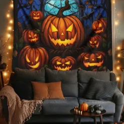 Halloween Decorations Hanging Tapestry Stained Glass Pumpkin Bat Wall Art Large Tapestry Mural Decor Photograph Backdrop Blanket Curtain Home Bedroom Living Room