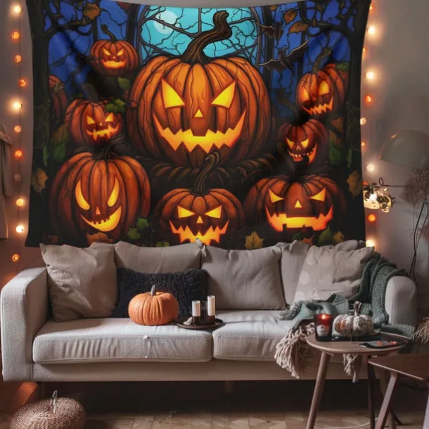 Halloween Decorations Hanging Tapestry Stained Glass Pumpkin Bat Wall Art Large Tapestry Mural Decor Photograph Backdrop Blanket Curtain Home Bedroom Living Room