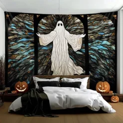 Halloween Decorations Hanging Tapestry Stained Glass Pumpkin Bat Wall Art Large Tapestry Mural Decor Photograph Backdrop Blanket Curtain Home Bedroom Living Room