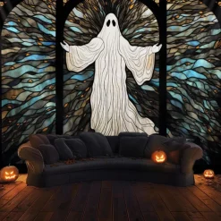 Halloween Decorations Hanging Tapestry Stained Glass Pumpkin Bat Wall Art Large Tapestry Mural Decor Photograph Backdrop Blanket Curtain Home Bedroom Living Room