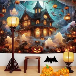 Halloween Decorations Hanging Tapestry Jack O Lantern Wall Art Large Tapestry Mural Decor Photograph Backdrop Blanket Curtain Home Bedroom Living Room Decoration Death Selfie