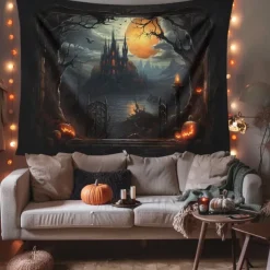Halloween Decorations Hanging Tapestry Jack O Lantern Pumpkins Wall Art Large Tapestry Mural Decor Photograph Backdrop Blanket Curtain Home Bedroom Living Room Forest Castle