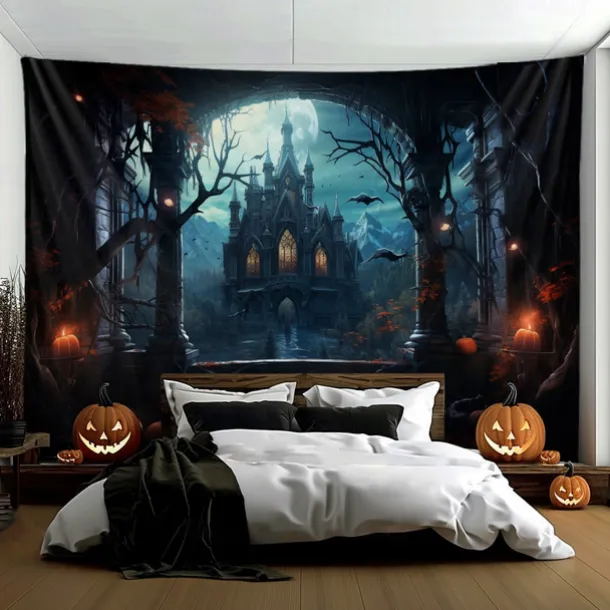 Halloween Decorations Hanging Tapestry Jack O Lantern Pumpkins Wall Art Large Tapestry Mural Decor Photograph Backdrop Blanket Curtain Home Bedroom Living Room Forest Castle