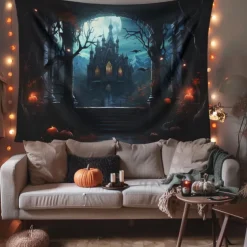 Halloween Decorations Hanging Tapestry Jack O Lantern Pumpkins Wall Art Large Tapestry Mural Decor Photograph Backdrop Blanket Curtain Home Bedroom Living Room Forest Castle