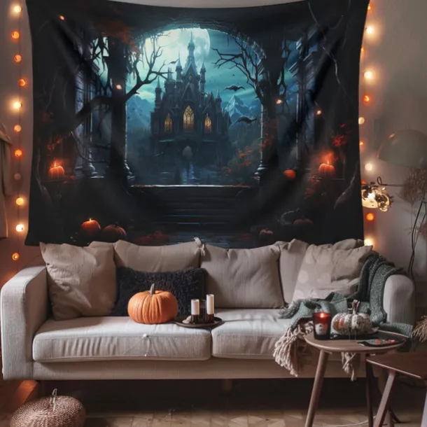 Halloween Decorations Hanging Tapestry Jack O Lantern Pumpkins Wall Art Large Tapestry Mural Decor Photograph Backdrop Blanket Curtain Home Bedroom Living Room Forest Castle