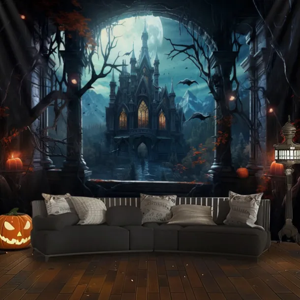 Halloween Decorations Hanging Tapestry Jack O Lantern Pumpkins Wall Art Large Tapestry Mural Decor Photograph Backdrop Blanket Curtain Home Bedroom Living Room Forest Castle