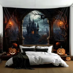 Halloween Decorations Hanging Tapestry Jack O Lantern Pumpkins Wall Art Large Tapestry Mural Decor Photograph Backdrop Blanket Curtain Home Bedroom Living Room Forest Castle