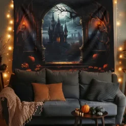 Halloween Decorations Hanging Tapestry Jack O Lantern Pumpkins Wall Art Large Tapestry Mural Decor Photograph Backdrop Blanket Curtain Home Bedroom Living Room Forest Castle