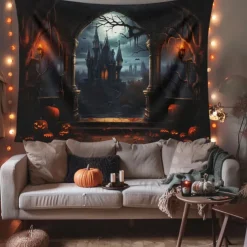 Halloween Decorations Hanging Tapestry Jack O Lantern Pumpkins Wall Art Large Tapestry Mural Decor Photograph Backdrop Blanket Curtain Home Bedroom Living Room Forest Castle