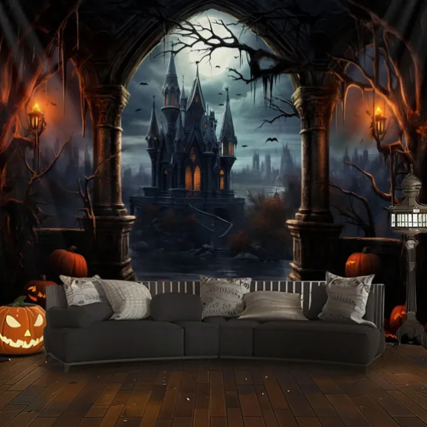 Halloween Decorations Hanging Tapestry Jack O Lantern Pumpkins Wall Art Large Tapestry Mural Decor Photograph Backdrop Blanket Curtain Home Bedroom Living Room Forest Castle