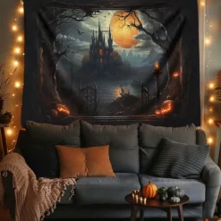 Halloween Decorations Hanging Tapestry Jack O Lantern Pumpkins Wall Art Large Tapestry Mural Decor Photograph Backdrop Blanket Curtain Home Bedroom Living Room Forest Castle