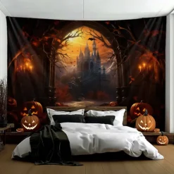 Halloween Decorations Hanging Tapestry Jack O Lantern Pumpkins Wall Art Large Tapestry Mural Decor Photograph Backdrop Blanket Curtain Home Bedroom Living Room Forest Castle