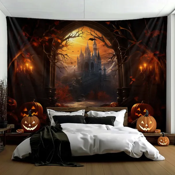 Halloween Decorations Hanging Tapestry Jack O Lantern Pumpkins Wall Art Large Tapestry Mural Decor Photograph Backdrop Blanket Curtain Home Bedroom Living Room Forest Castle
