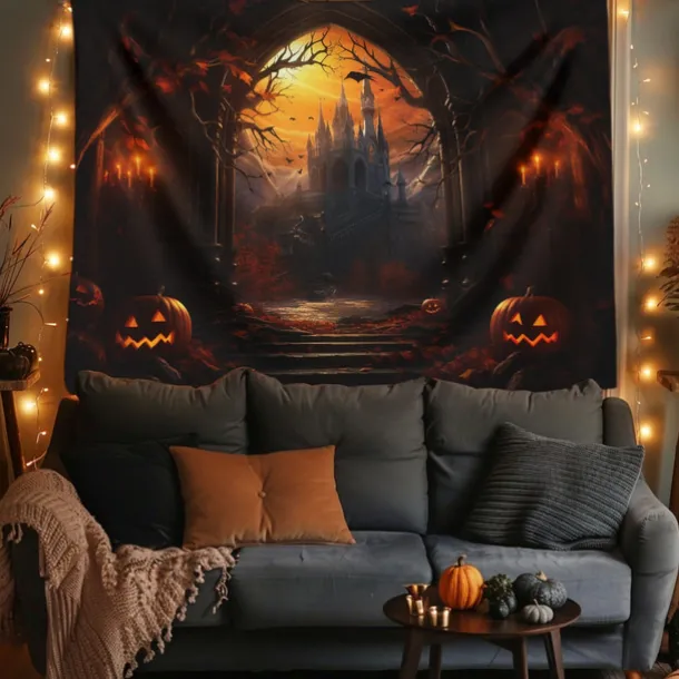 Halloween Decorations Hanging Tapestry Jack O Lantern Pumpkins Wall Art Large Tapestry Mural Decor Photograph Backdrop Blanket Curtain Home Bedroom Living Room Forest Castle