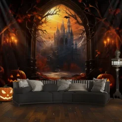 Halloween Decorations Hanging Tapestry Jack O Lantern Pumpkins Wall Art Large Tapestry Mural Decor Photograph Backdrop Blanket Curtain Home Bedroom Living Room Forest Castle