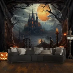 Halloween Decorations Hanging Tapestry Jack O Lantern Pumpkins Wall Art Large Tapestry Mural Decor Photograph Backdrop Blanket Curtain Home Bedroom Living Room Forest Castle