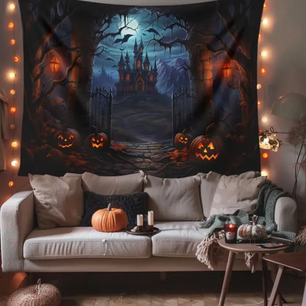Halloween Decorations Hanging Tapestry Jack O Lantern Pumpkins Wall Art Large Tapestry Mural Decor Photograph Backdrop Blanket Curtain Home Bedroom Living Room Forest Castle