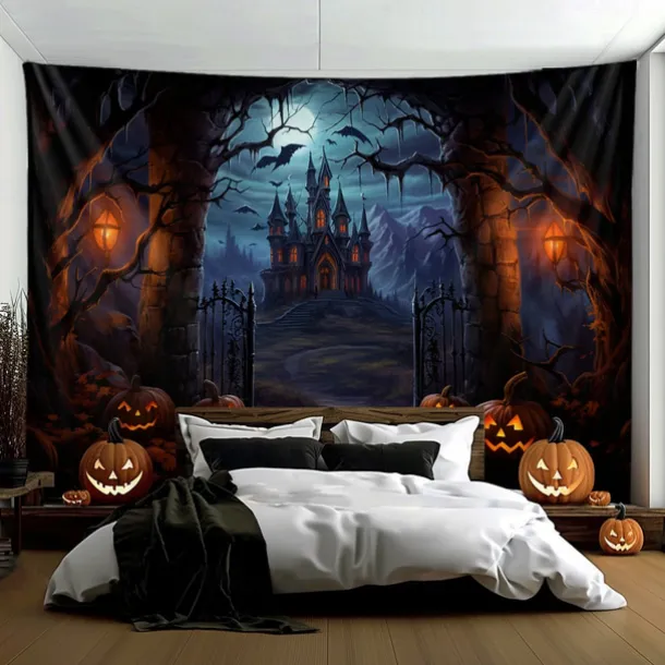 Halloween Decorations Hanging Tapestry Jack O Lantern Pumpkins Wall Art Large Tapestry Mural Decor Photograph Backdrop Blanket Curtain Home Bedroom Living Room Forest Castle