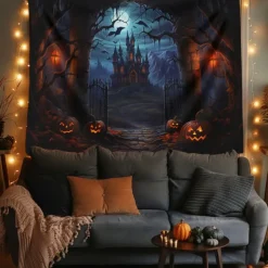 Halloween Decorations Hanging Tapestry Jack O Lantern Pumpkins Wall Art Large Tapestry Mural Decor Photograph Backdrop Blanket Curtain Home Bedroom Living Room Forest Castle