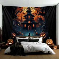 Halloween Decorations Hanging Tapestry Jack O Lantern Pumpkin Graveyard Wall Art Large Tapestry Mural Decor Photograph Backdrop Blanket Curtain Home Bedroom Living Room