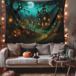 Halloween Decorations Hanging Tapestry Pumpkin Dwarf House Wall Art Large Tapestry Mural Decor Photograph Backdrop Blanket Curtain Home Bedroom Living Room Decoration