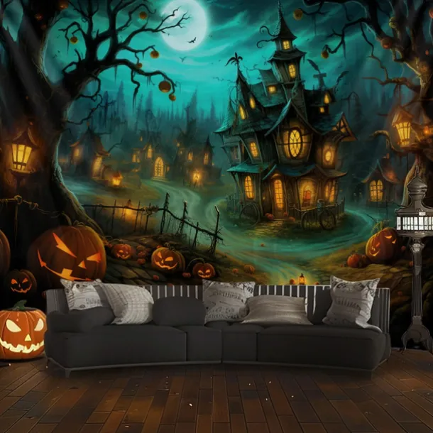 Halloween Decorations Hanging Tapestry Pumpkin Dwarf House Wall Art Large Tapestry Mural Decor Photograph Backdrop Blanket Curtain Home Bedroom Living Room Decoration