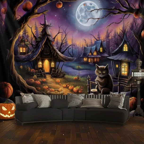 Halloween Decorations Hanging Tapestry Pumpkin Dwarf House Wall Art Large Tapestry Mural Decor Photograph Backdrop Blanket Curtain Home Bedroom Living Room Decoration