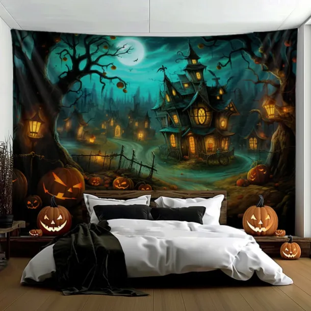 Halloween Decorations Hanging Tapestry Pumpkin Dwarf House Wall Art Large Tapestry Mural Decor Photograph Backdrop Blanket Curtain Home Bedroom Living Room Decoration