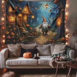 Halloween Decorations Hanging Tapestry Pumpkin Dwarf House Wall Art Large Tapestry Mural Decor Photograph Backdrop Blanket Curtain Home Bedroom Living Room Decoration