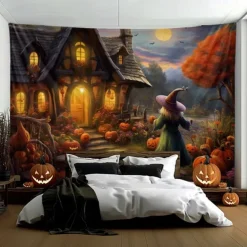 Halloween Decorations Hanging Tapestry Pumpkin Dwarf House Wall Art Large Tapestry Mural Decor Photograph Backdrop Blanket Curtain Home Bedroom Living Room Decoration