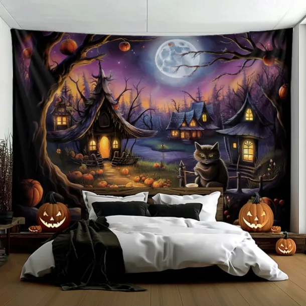 Halloween Decorations Hanging Tapestry Pumpkin Dwarf House Wall Art Large Tapestry Mural Decor Photograph Backdrop Blanket Curtain Home Bedroom Living Room Decoration