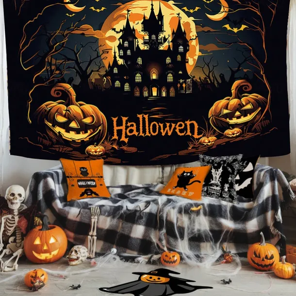 Halloween Decorations Hanging Tapestry Evil Pumpkin Castle Wall Art Large Tapestry Mural Decor Photograph Backdrop Blanket Curtain Home Bedroom Living Room