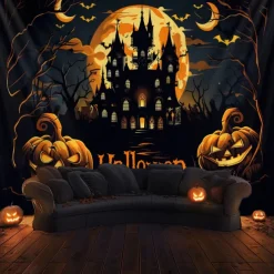 Halloween Decorations Hanging Tapestry Evil Pumpkin Castle Wall Art Large Tapestry Mural Decor Photograph Backdrop Blanket Curtain Home Bedroom Living Room