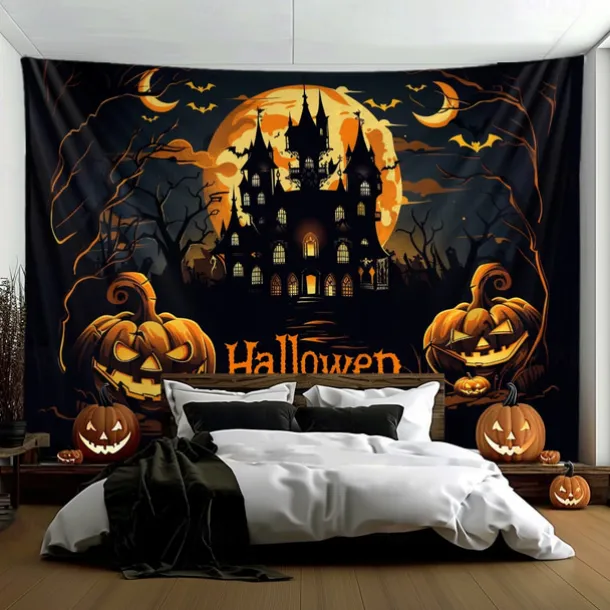 Halloween Decorations Hanging Tapestry Evil Pumpkin Castle Wall Art Large Tapestry Mural Decor Photograph Backdrop Blanket Curtain Home Bedroom Living Room