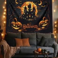 Halloween Decorations Hanging Tapestry Evil Pumpkin Castle Wall Art Large Tapestry Mural Decor Photograph Backdrop Blanket Curtain Home Bedroom Living Room