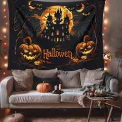 Halloween Decorations Hanging Tapestry Evil Pumpkin Castle Wall Art Large Tapestry Mural Decor Photograph Backdrop Blanket Curtain Home Bedroom Living Room
