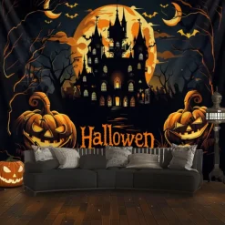Halloween Decorations Hanging Tapestry Evil Pumpkin Castle Wall Art Large Tapestry Mural Decor Photograph Backdrop Blanket Curtain Home Bedroom Living Room