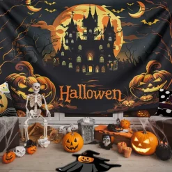 Halloween Decorations Hanging Tapestry Evil Pumpkin Castle Wall Art Large Tapestry Mural Decor Photograph Backdrop Blanket Curtain Home Bedroom Living Room