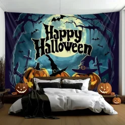 Halloween Decorations Hanging Tapestry Evil Pumpkin Castle Wall Art Large Tapestry Mural Decor Photograph Backdrop Blanket Curtain Home Bedroom Living Room