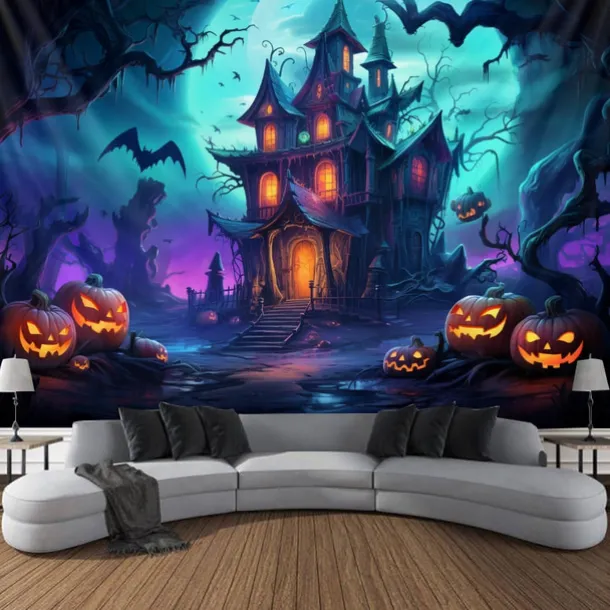 Halloween Decorations Hunted House Blacklight Tapestry UV Reactive Glow in the Dark Misty Graveyard Hanging Tapestry Wall Art Mural for Living Room Bedroom