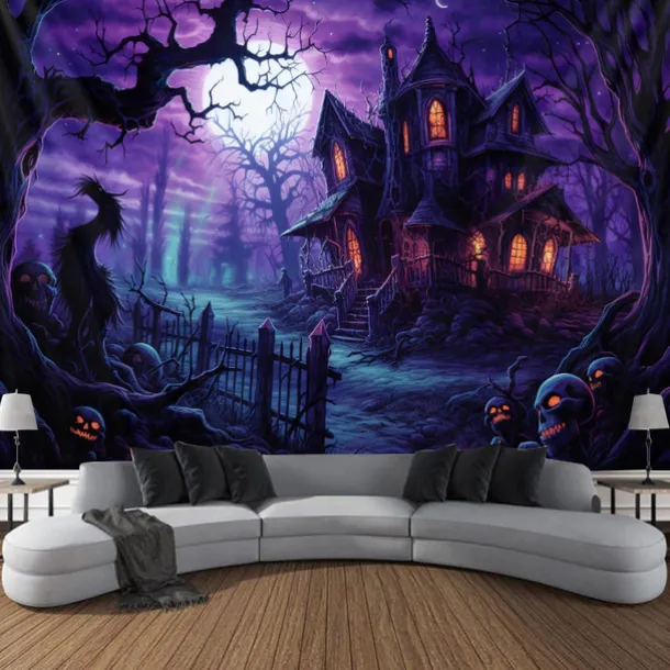 Halloween Decorations Hunted House Blacklight Tapestry UV Reactive Glow in the Dark Misty Graveyard Hanging Tapestry Wall Art Mural for Living Room Bedroom