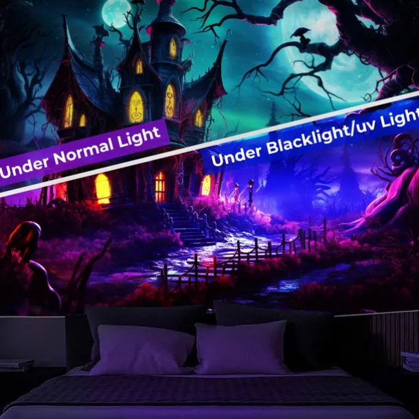 Halloween Decorations Hunted House Blacklight Tapestry UV Reactive Glow in the Dark Misty Graveyard Hanging Tapestry Wall Art Mural for Living Room Bedroom