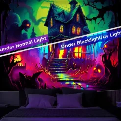 Halloween Decorations Hunted House Blacklight Tapestry UV Reactive Glow in the Dark Misty Graveyard Hanging Tapestry Wall Art Mural for Living Room Bedroom