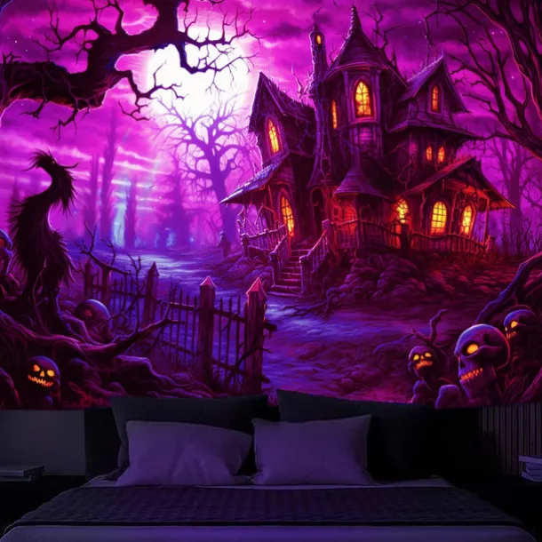 Halloween Decorations Hunted House Blacklight Tapestry UV Reactive Glow in the Dark Misty Graveyard Hanging Tapestry Wall Art Mural for Living Room Bedroom